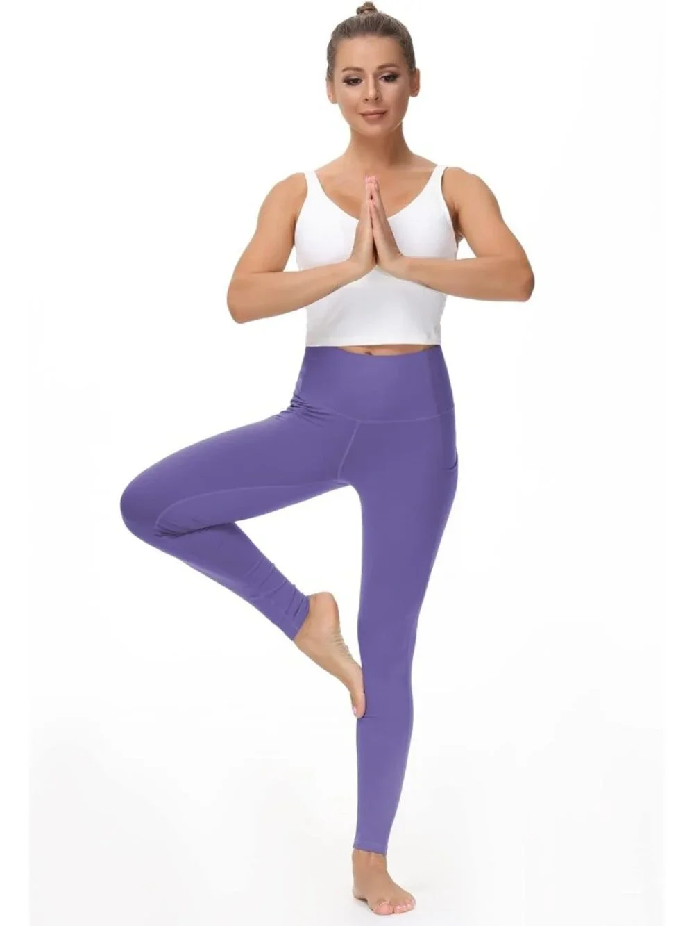 Women's Bright Purple Thick High Waist Tummy Control Workout Yoga Leggings - Picture 4 of 7